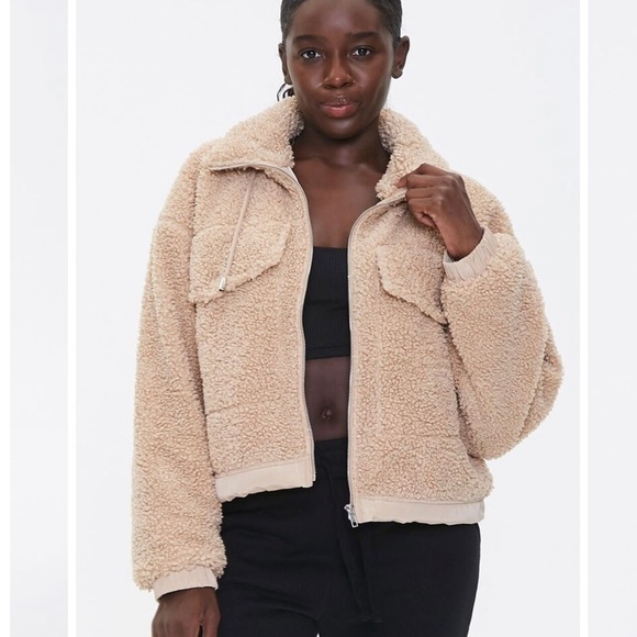 Forever 21 Women’s Faux Shearling Zip-up Jacket Size L Flap Pockets Lined Teddy - Picture 1 of 11